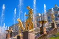 Great cascade. It consists of many fountains and is decorated with bronze gilt sculptures. Petergof, St. Petersburg