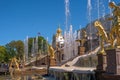 Great cascade. It consists of many fountains and is decorated with bronze gilt sculptures. Petergof, St. Petersburg