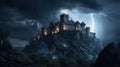 Great castle dark with strong rays and lightning. generative AI.