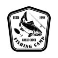 Great catch. Fishing club. Emblem template with salmon fish. Design element for logo, label, sign, poster. Royalty Free Stock Photo