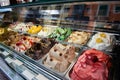 Great choice of ice cream. Italian gelateria. Ice-cream cafe, show window es Royalty Free Stock Photo