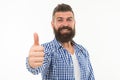 Great choice. Man bearded hipster recommend or approve something isolated white background. Appreciate your choice