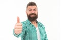 Great choice. Man bearded hipster recommend or approve something isolated white background. Appreciate your choice
