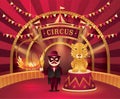 Great Circus show, Tiger on a circus stand and Performer Controlling