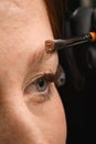 Great close-up of cosmetic brush applying lamination gel to female eyebrow