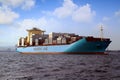 Great container ship MAERSK LEON anchored in the middle of Algeciras bay. Royalty Free Stock Photo