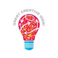 Great creative idea - vector concept illustration. Lightbulb and sketch arrows. Electric lamp symbol. Brainstorm sign.