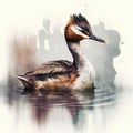 Great crested grebe, Podiceps cristatus, single bird on water, illustration