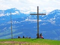 Great crucifix and lookout of the Alp Tschungla on the Seeztal valley, Lake Walensee and Glarus Alps mountain range,Walenstadtberg