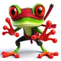 great 3d illustration of a funny martial arts red eyed tree frog