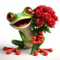 great 3d illustration of a funny red eyed tree frog with a bunch of red roses on valentines day