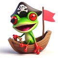 great 3d illustration of a funny red eyed tree frog in a small pirate boat