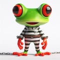 great 3d illustration of a funny red eyed tree frog in a striped prison suit