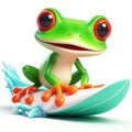 great 3d illustration of a funny red eyed tree frog on a surfboard Royalty Free Stock Photo