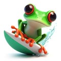 great 3d illustration of a funny red eyed tree frog on a surfboard Royalty Free Stock Photo