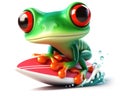 great 3d illustration of a funny red eyed tree frog on a surfboard Royalty Free Stock Photo