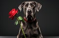 Great Dane dog with red rose in its mouth isolated on dark background Royalty Free Stock Photo