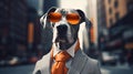 A Great Dane dog wearing sunglasses and dressed in a suit on a city street