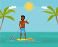Great day to paddle. Handsome man surfing on his paddleboard and smiling. Active travel concept. Cartoon flat style
