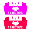 A Great Deal. Pink and red banner, poster with handshake. Vector illustration on white background. Royalty Free Stock Photo