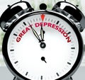 Great depression soon, almost there, in short time - a clock symbolizes a reminder that Great depression is near, will happen and