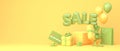 Great discount banner design with green SALE balloon phrase on yellow background with gift boxes, shopping bag and some Royalty Free Stock Photo