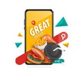 Great discount text display on yellow screen of smartphone along with fastfood,search bar and buy order button,vector for food