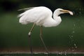 The great egret Ardea alba, also known as the common egret with caught fish. A large white heron marked with an ornithological Royalty Free Stock Photo