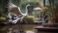 Great egret standing in tranquil pond water generated by AI