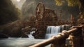 the great falls Steam punk waterfall of invention, with a landscape of wooden gears and tools,