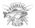 Fishing club emblem. Outdoor sports lifestyle concept. Great fish catch, sketch vector illustration Royalty Free Stock Photo