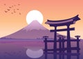 Great floating gate and Fuji mount landmark of Japan at sunset t