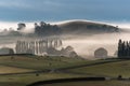 Great foggy pasture landscape in the early morning in Matamata, the true Hobbiton landscape, New Zealand