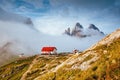 Great foggy view of the National park Tre Cime di Lavaredo. Location Dolomiti alps, Italy