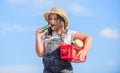 Great food. little girl vegetable in basket. Only natural. harvest vitamin. spring market garden. healthy food for Royalty Free Stock Photo