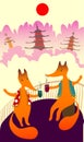 Great friendship of two friends, two foxes sit in Asian country and drink coffee. It is coffee times. Cafe baner.