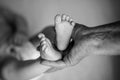 Great-grandmother touching little baby foot, black and white shot, the concept of a family and a new life. into a selective focus