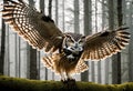 Great gray owl, flying in the morning light. Generative AI
