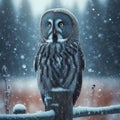 Great grey owl sitting on the post in the falling snow Royalty Free Stock Photo