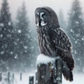 Great grey owl sitting on the post in the falling snow Royalty Free Stock Photo