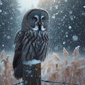 Great grey owl sitting on the post in the falling snow Royalty Free Stock Photo