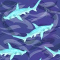 Great hammerhead shark, hand painted watercolor illustration, seamless pattern on blue ocean surface with waves Royalty Free Stock Photo