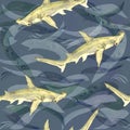 Great hammerhead shark, hand painted watercolor illustration, seamless pattern on green, blue ocean surface with waves Royalty Free Stock Photo