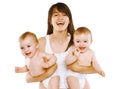 Great happiness, happy young mom with two twins baby