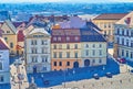 Great historical buildings on Cabbage Market Square Zelny Trh in old town of Brno, Czech Republic