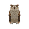 Great horned owl with brown plumage, front view. Large forest bird. Ornithology and fauna theme. Flat vector icon