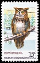 Great Horned Owl Bubo virginianus, Wildlife Conservation Issue serie, circa 1978