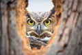 great horned owl eyes in pine nook Royalty Free Stock Photo