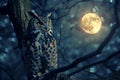 Great Horned Owl in Moonlit Nocturnal Ambiance. Generative AI