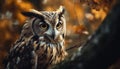 Great horned owl perching on autumn branch generated by AI